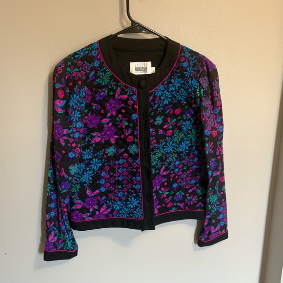 Leslie Fay Sweaters - Leslie Fay Women's Vintage Quilted Neon Floral Cardigan Artsy Eclectic Blue Pink